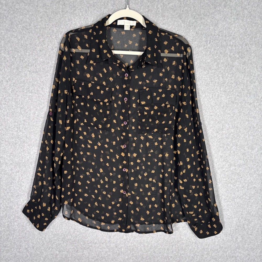 Lumiere Sheer Button Up Blouse Medium Black Gold Abstract Animal Print Maximum